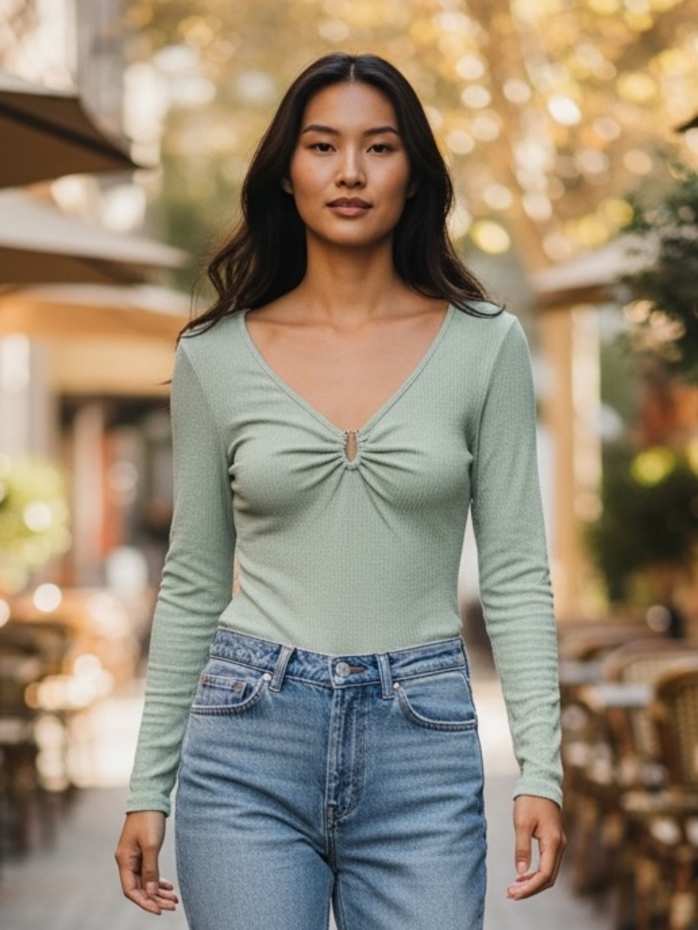 Promesa Sage Green Long Sleeve V‑Neck Top with Front Ring Detail